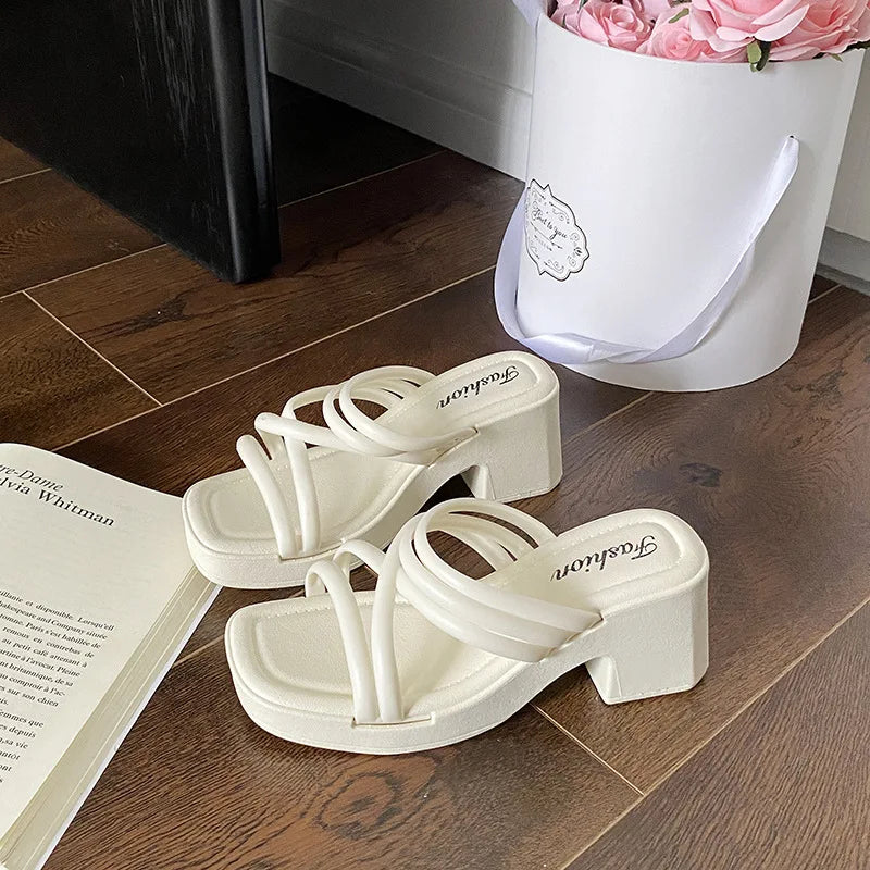 2025 New Popular High-heeled Slippers Women's Summer Outer Wear Heightening Non-slip Sandals Women's Heel Women's Shoes