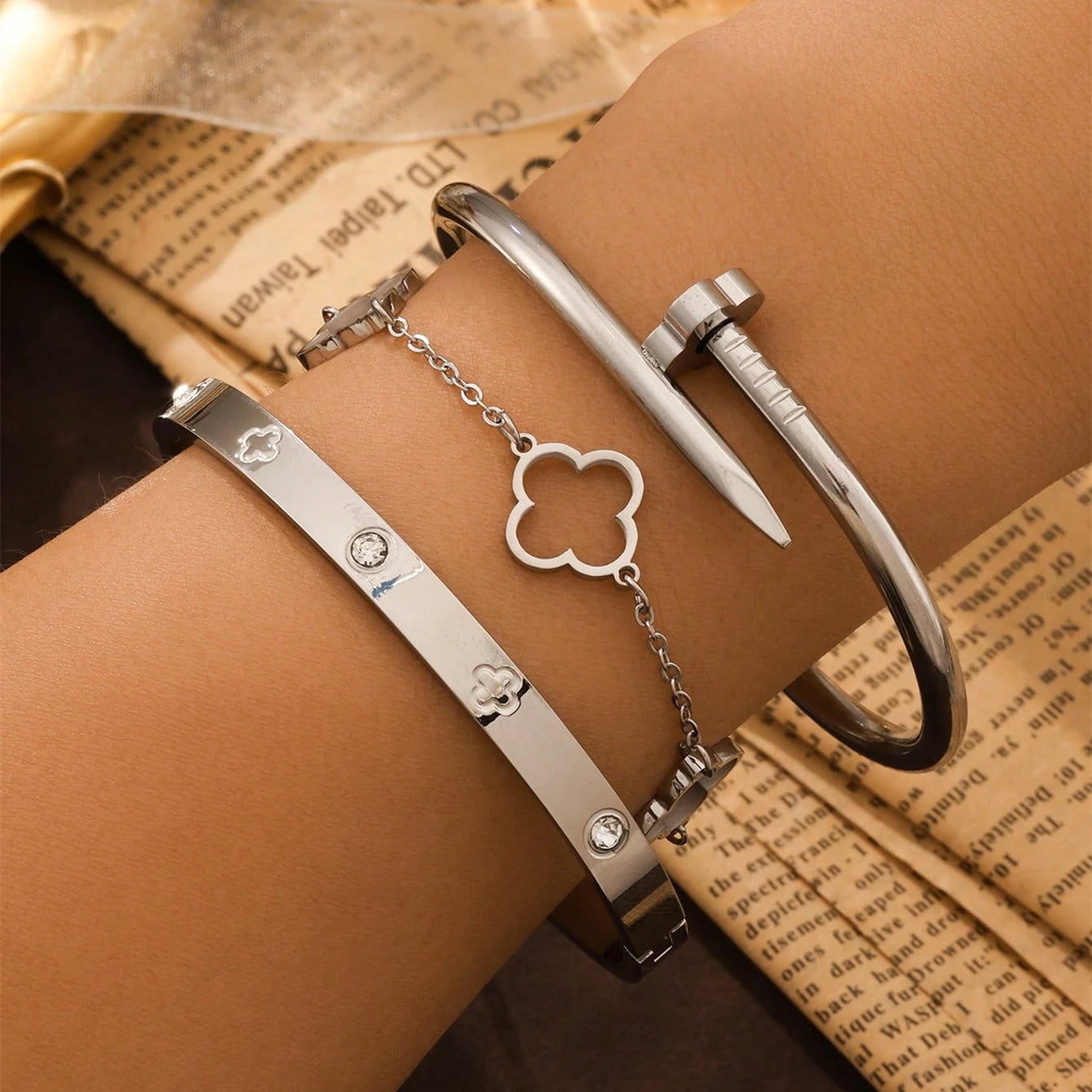 3PCS French Lucky Clover  Bracelet Stainless Steel