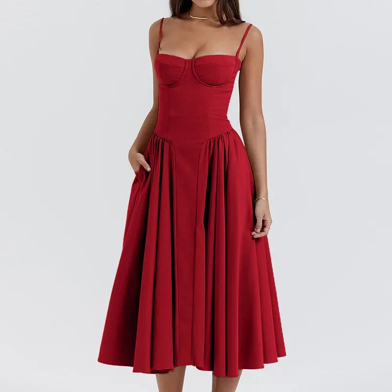Summer Fashion Red Strapless Midi Dress