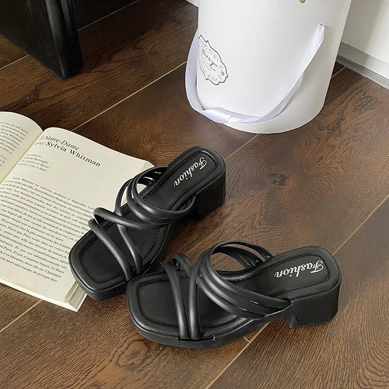 2025 New Popular High-heeled Slippers Women's Summer Outer Wear Heightening Non-slip Sandals Women's Heel Women's Shoes
