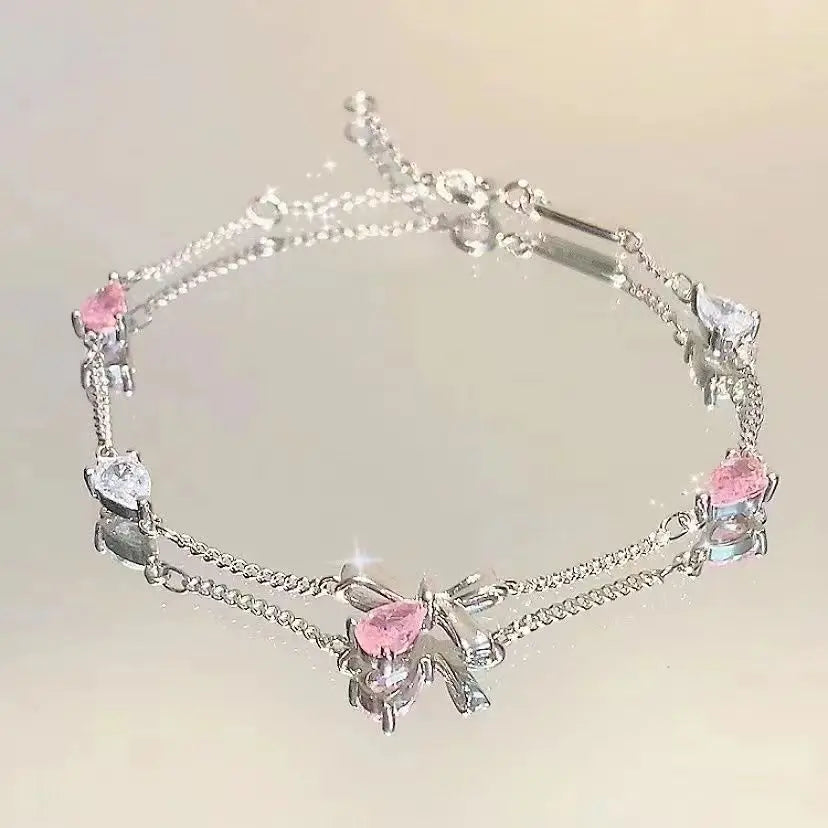 Steel Shiny Pink Zircon Butterfly  Hand Chain