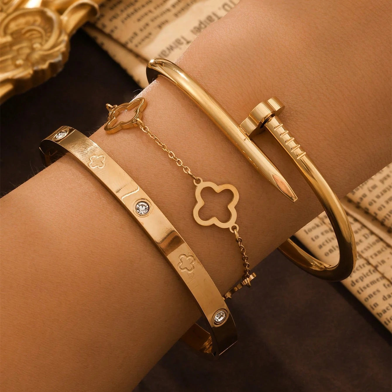 3PCS French Lucky Clover  Bracelet Stainless Steel