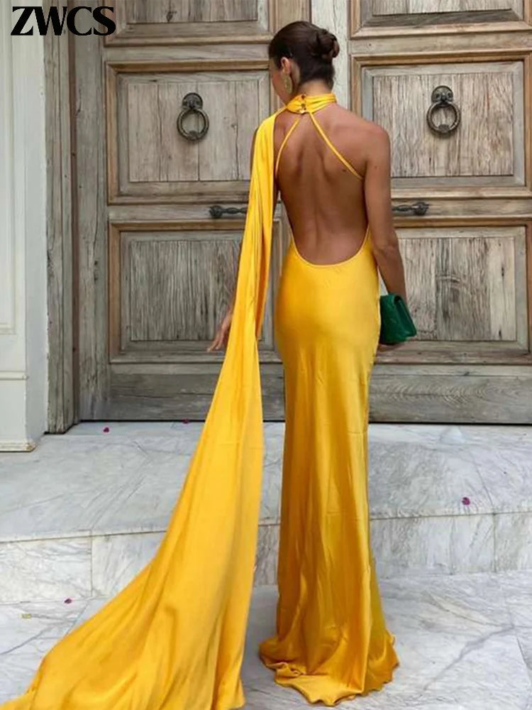Backless Elegant Satin Ribbons Dress