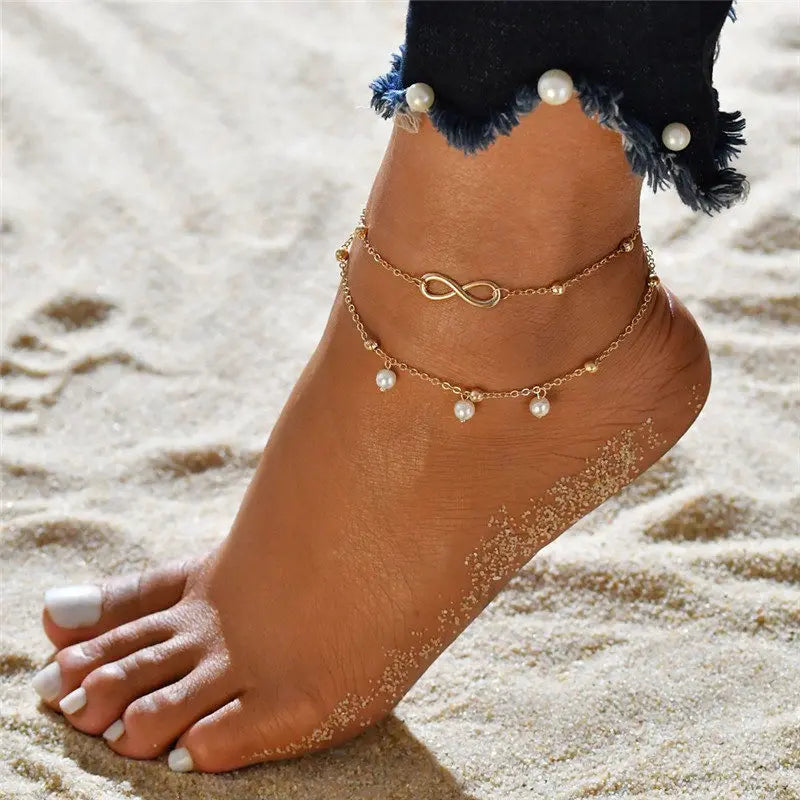 2PCS Fashion Retro Pearl Anklet  Set