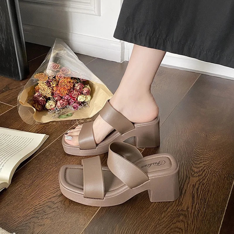 2025 New Popular High-heeled Slippers Women's Summer Outer Wear Heightening Non-slip Sandals Women's Heel Women's Shoes