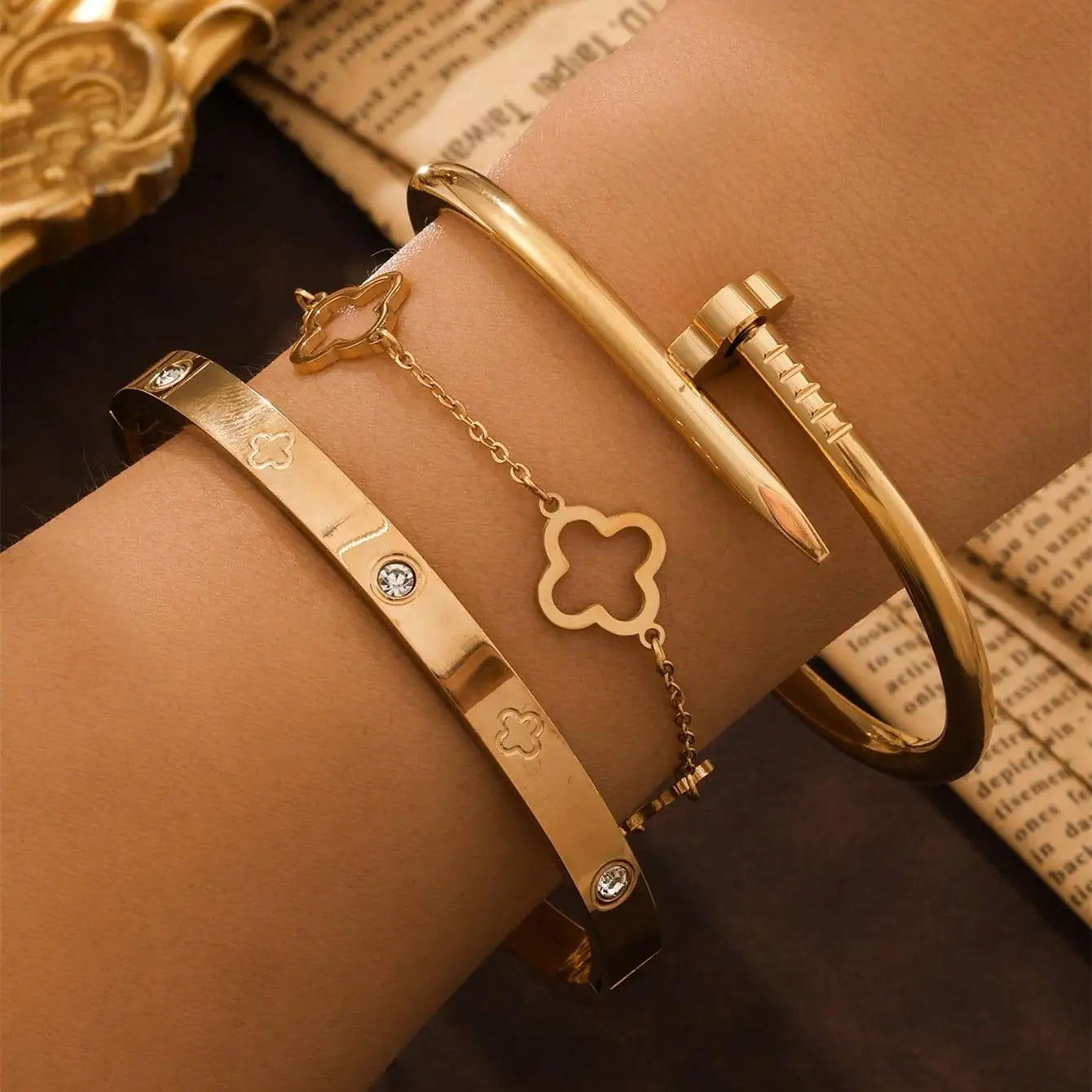 3PCS French Lucky Clover  Bracelet Stainless Steel