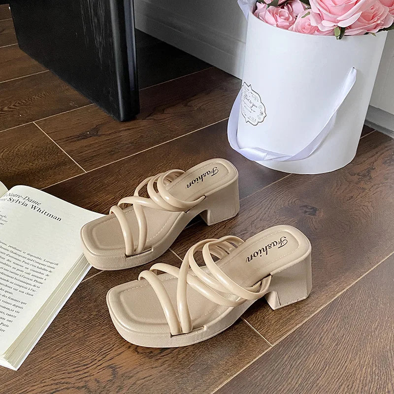 2025 New Popular High-heeled Slippers Women's Summer Outer Wear Heightening Non-slip Sandals Women's Heel Women's Shoes