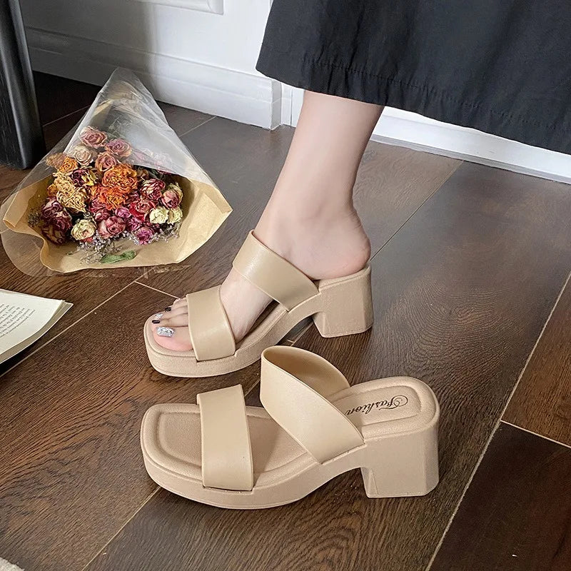 2025 New Popular High-heeled Slippers Women's Summer Outer Wear Heightening Non-slip Sandals Women's Heel Women's Shoes