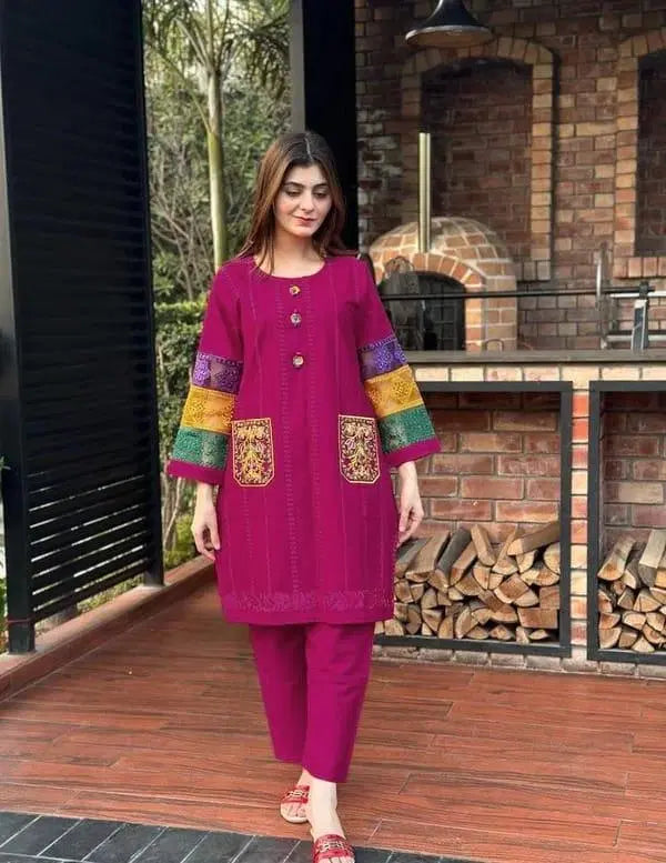 Stitched Cotton Net Embroidered Shirt And Trouser